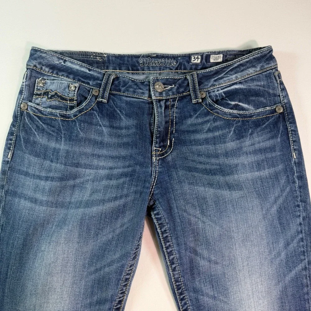 Miss Me Bootcut Jeans Medium Wash‎ Embroidered Rhinestone Pockets Size 36x33